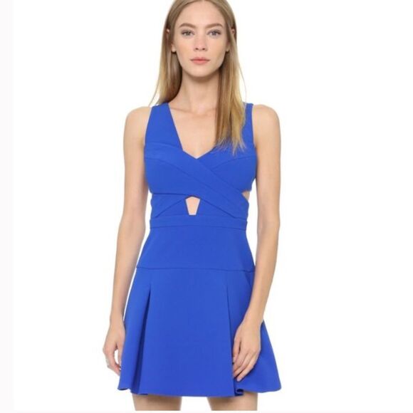 BCBGMAXAZRIA Harlie Cutout Cobalt Blue Fit and Flare V Neck Cocktail Mini Dress - Picture 1 of 16